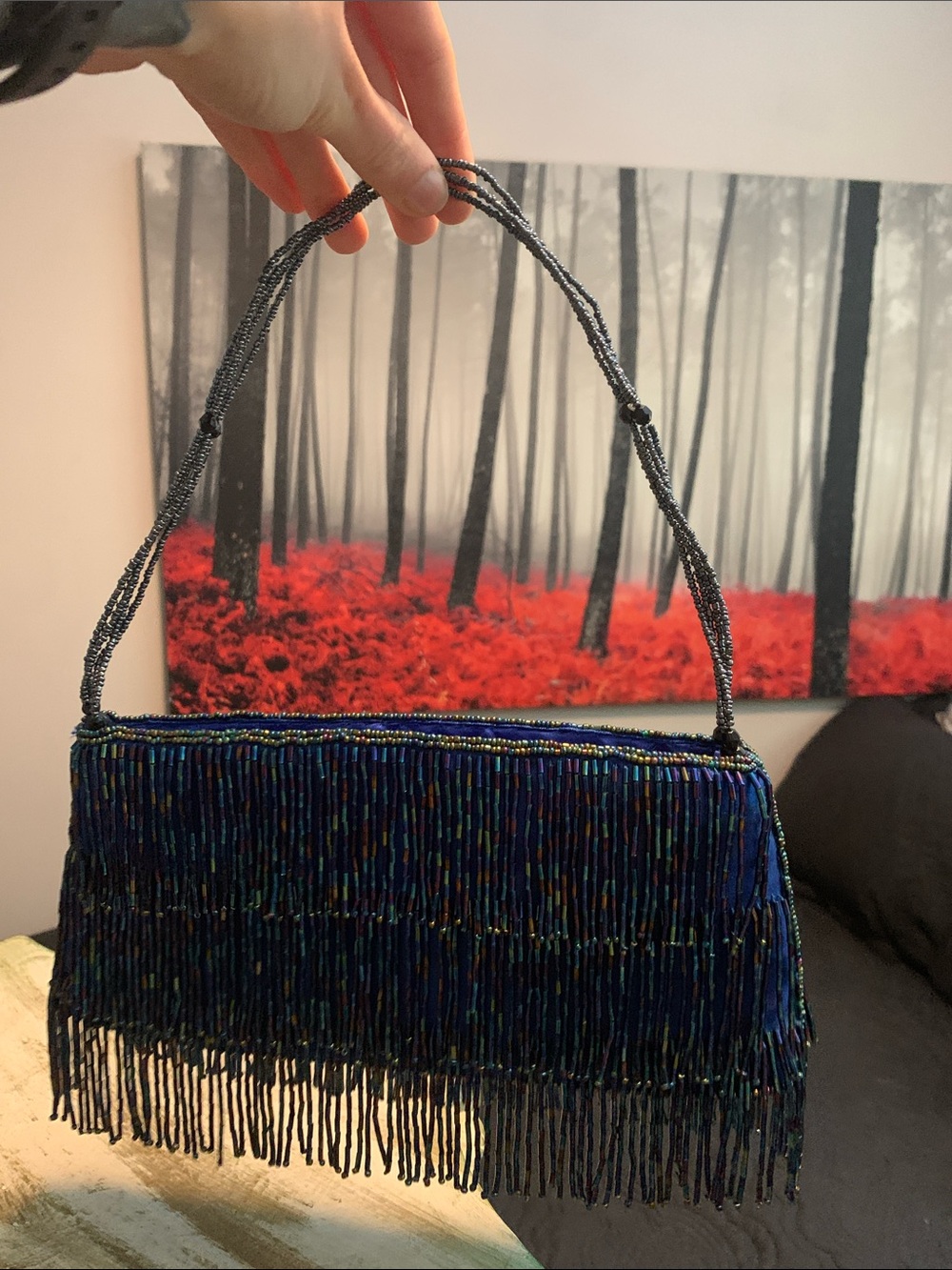 Beaded Fringe Evening Bag in Navy Blue